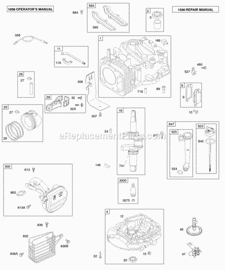 Crankcase CoverSump Crankshaft Oil Cylinder PistonRings Muffler Diagram and Parts List for AA0101-0001-01  Briggs and Stratton Engine